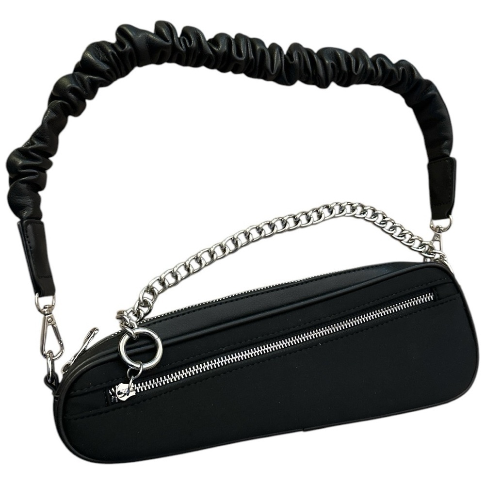 AKIRA Black Asymmetrical Chained Ruffle Shoulder Bag - Picture 3 of 12